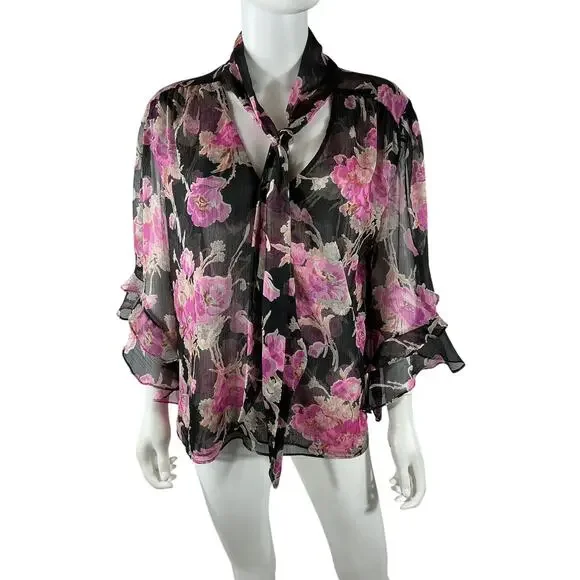 Misa Los Angeles Sheer Black Floral Gigi Blouse Size L - Picture 2 of 4